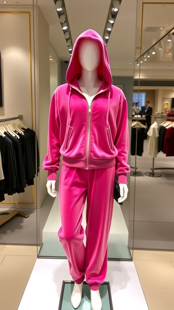 A fashionable Juicy Couture tracksuit in pink velour with gold accents on a mannequin.